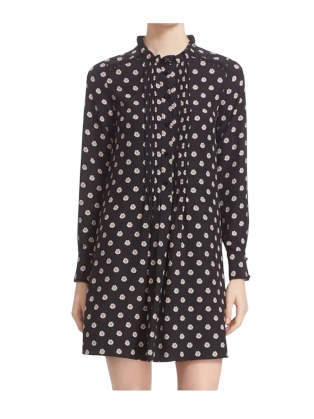 Kate Spade Swing Shirt Dress Polka Dot Floral Ruffle Neck Buttons 100% Silk S